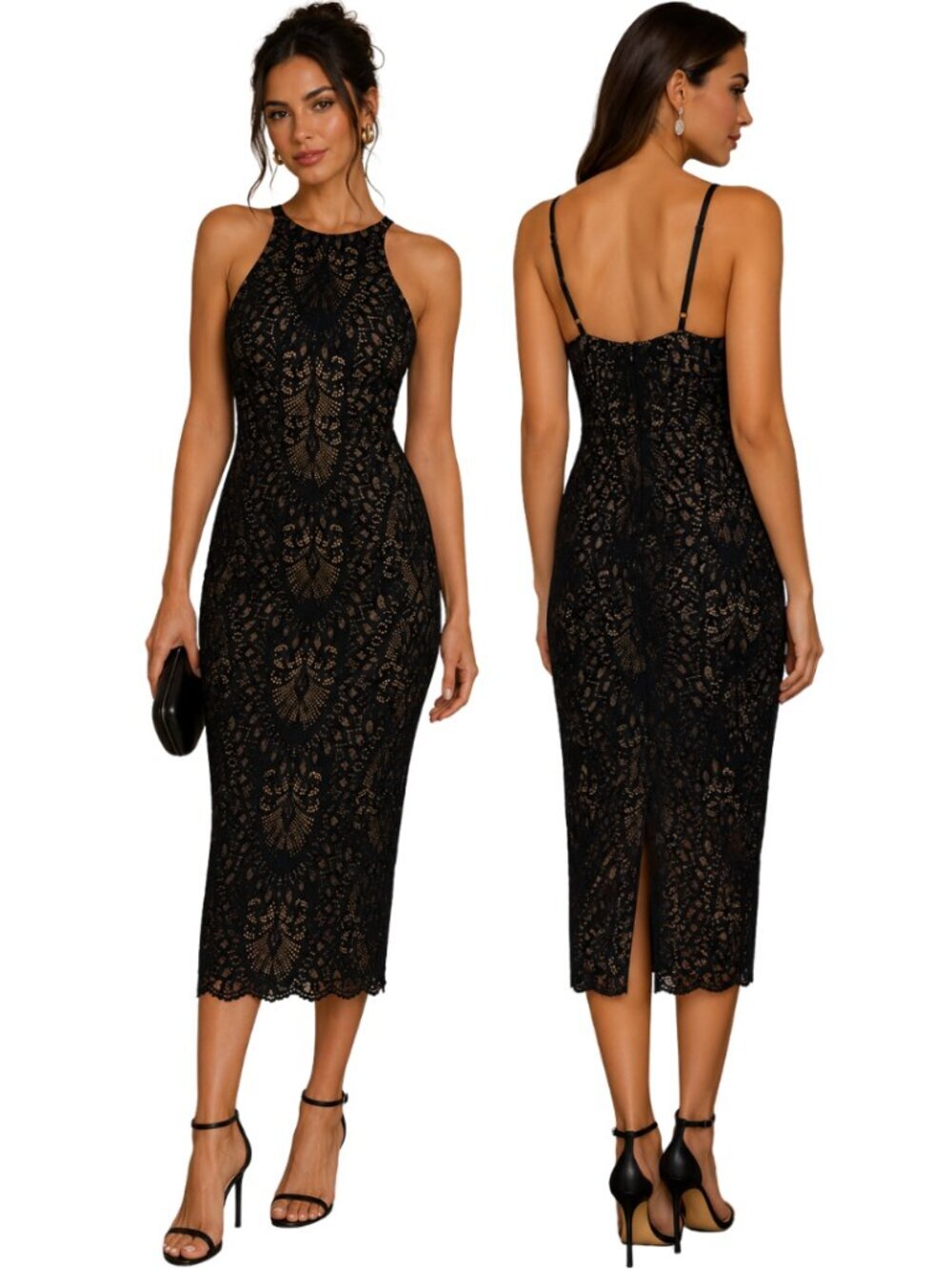 Aqua Bloomingdale's Lace Damask Midi Dress Women's 2 Black Formal Cocktail NWT